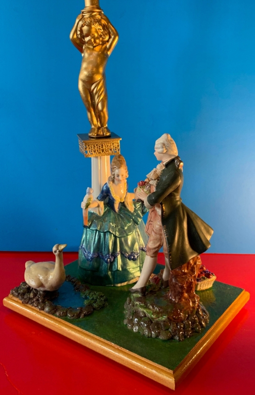 Table Lamp: Figural Porcelain Courting Couple, Gilded Cherub Finial, Pond