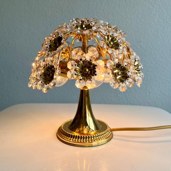 Table Lamp: Floral Crystal Clusters, Trumpet Pedestal, Hollywood Regency