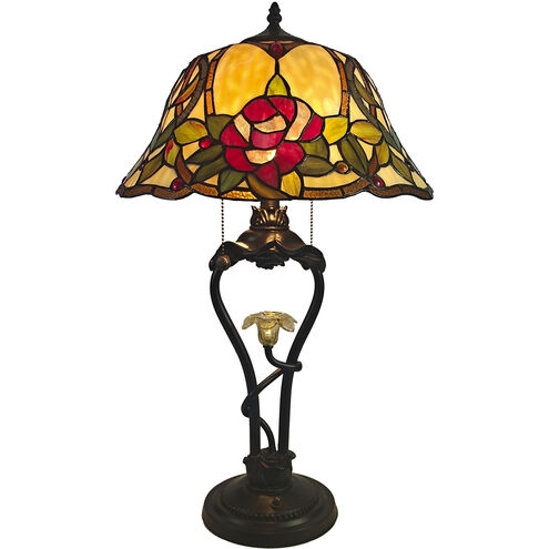 Table Lamp Floral Rose Stained Glass Vine Like Base Amber Tones