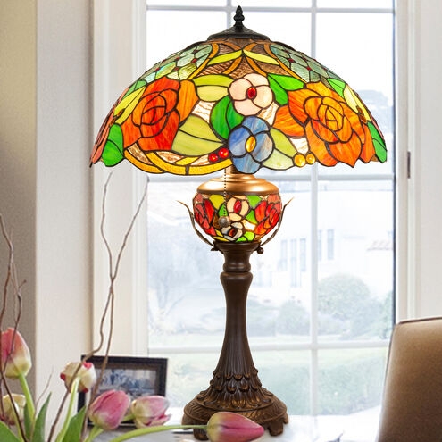 Table Lamp Floral Stained Glass Antique Bronze Pedestal Night Light