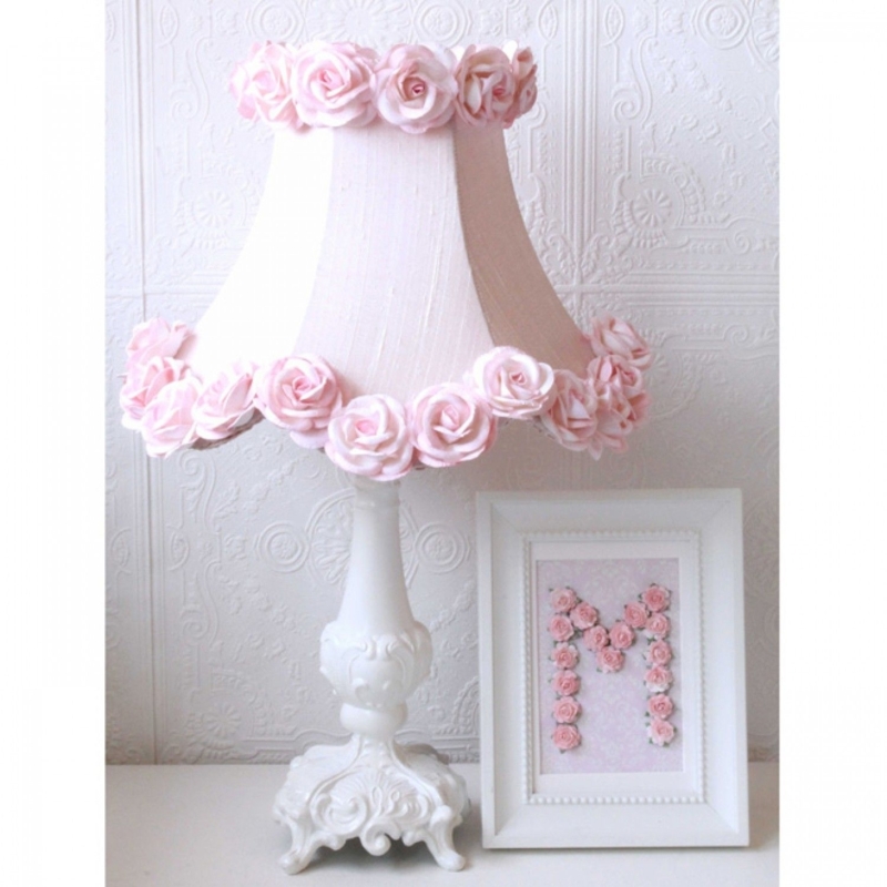 Table Lamp: Floral Trim, Ornate White Base, Shabby Chic Nursery Lamp