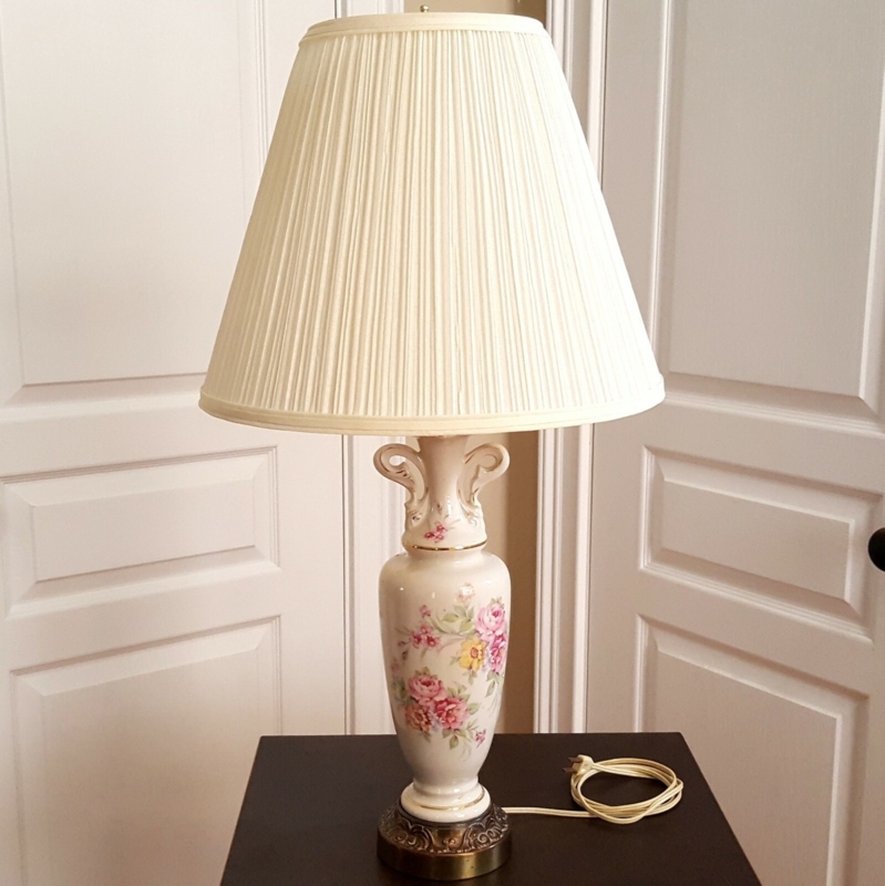Table Lamp, Floral Urn Base, Scrolling Handles, Pleated Shade Lighting