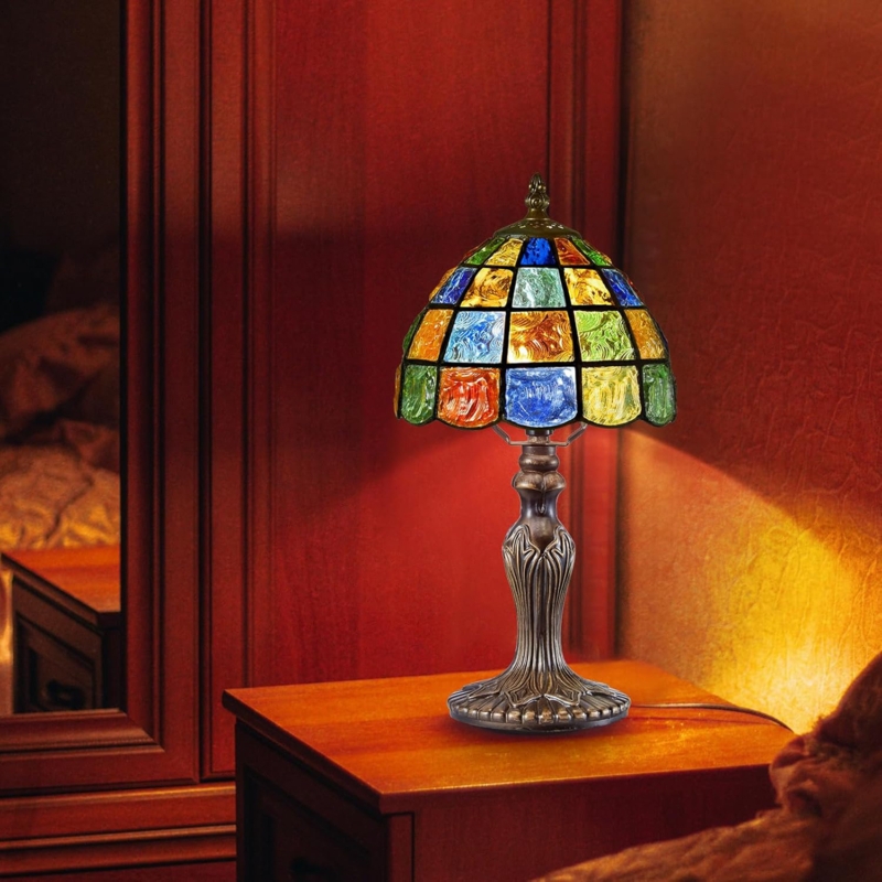 Table Lamp Fluted Base Mosaic Pattern Multi Colored Stained Glass