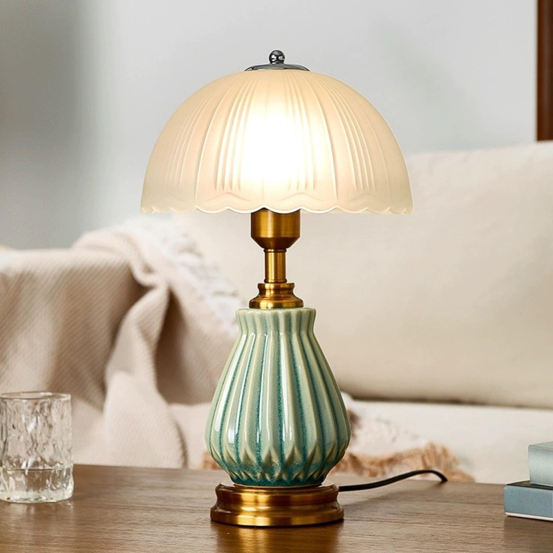 Table Lamp, Fluted Ceramic Base, Scalloped Glass Shade, Art Deco Style