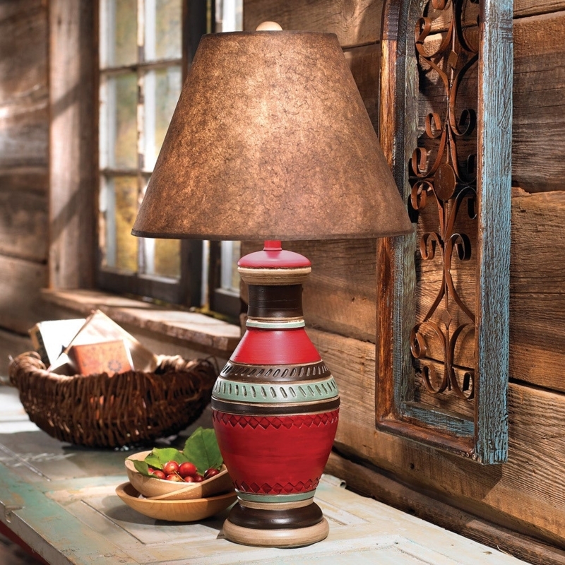 Table Lamp: Geometric Etched Base Lamp in Terracotta Red