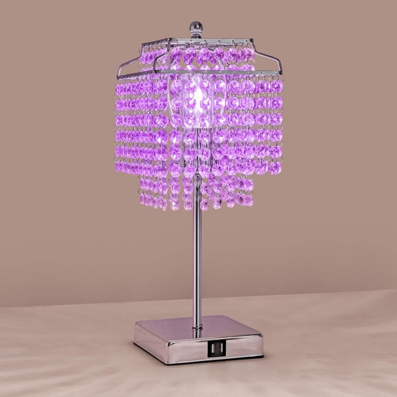 Table Lamp: Glam Chrome Touch Control Base Tiered Crystal Fringe USB
