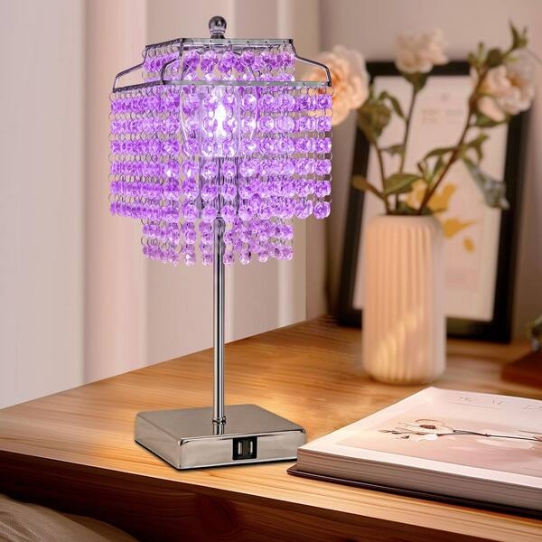 Table Lamp: Glam Tiered Purple Crystal Fringe Shade with USB Ports