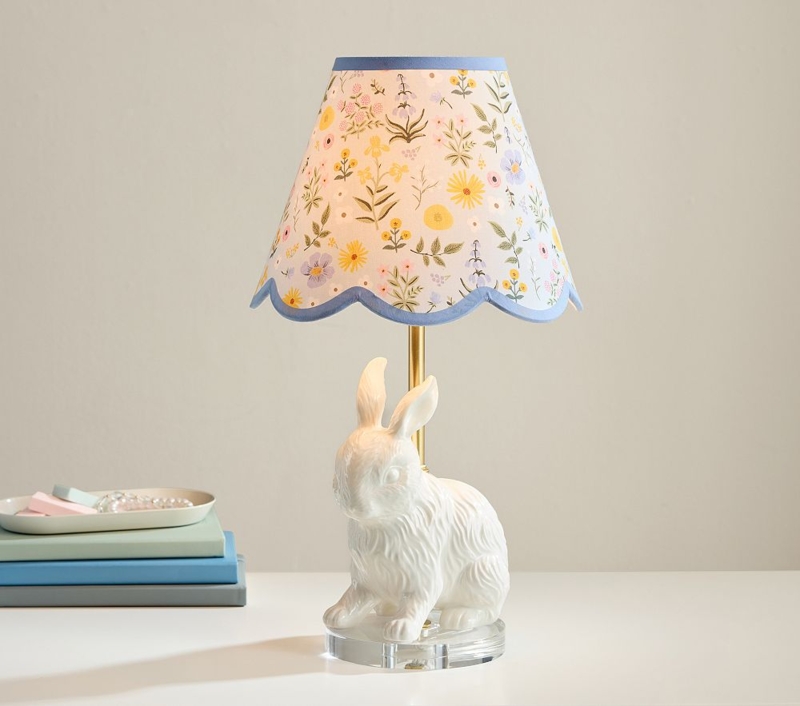 Table Lamp Glossy Ceramic Bunny Floral Scalloped Shade Nursery