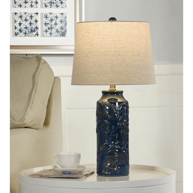 Table Lamp Glossy Ceramic Leaf Relief Pattern Linen Drum Shade