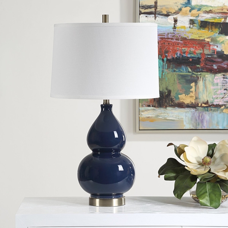 Table Lamp Glossy Double Gourd Ceramic Brass Accents Pedestal