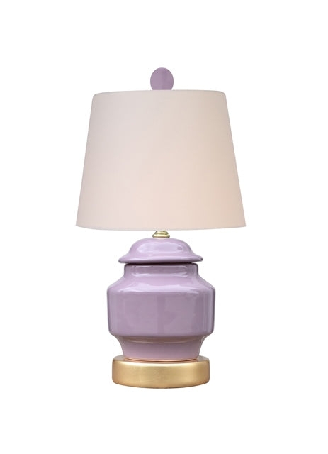 Table Lamp: Glossy Lilac Ceramic Ginger Jar on Polished Gold Pedestal