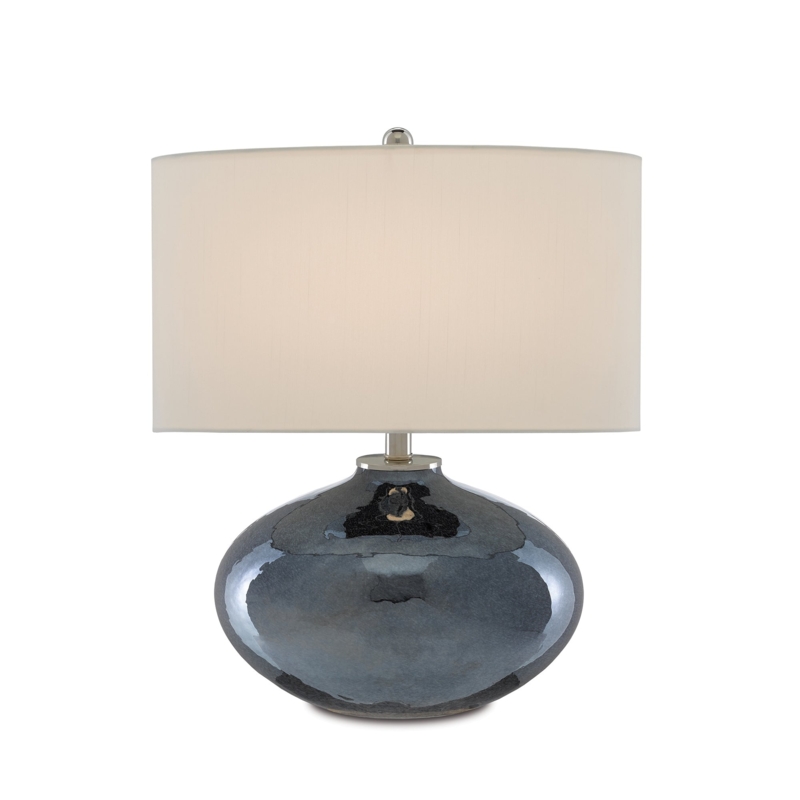 Table Lamp Glossy Mottled Ceramic Glaze Bulbous Base Silver Neck