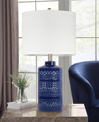 Table Lamp Glossy Navy Ceramic Chevron Relief Cylindrical Base
