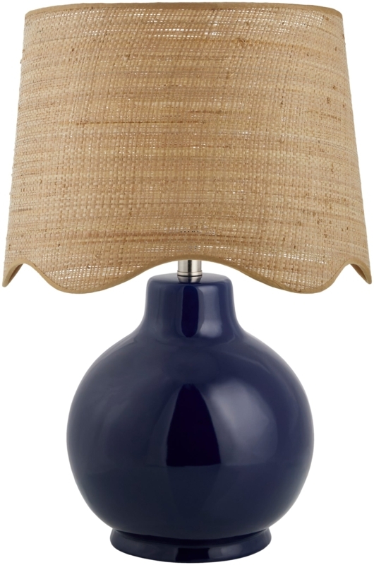 Table Lamp Glossy Navy Droplet Base Scalloped Woven Shade
