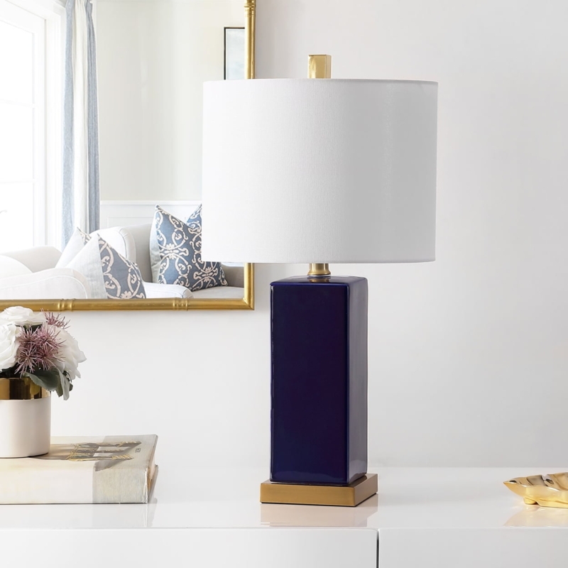 Table Lamp Glossy Navy Rectangular Column Gold Pedestal Base