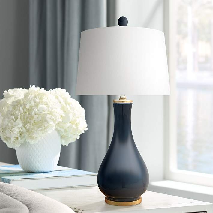 Table Lamp Glossy Porcelain Vase Shape Base Gold Accents Finial