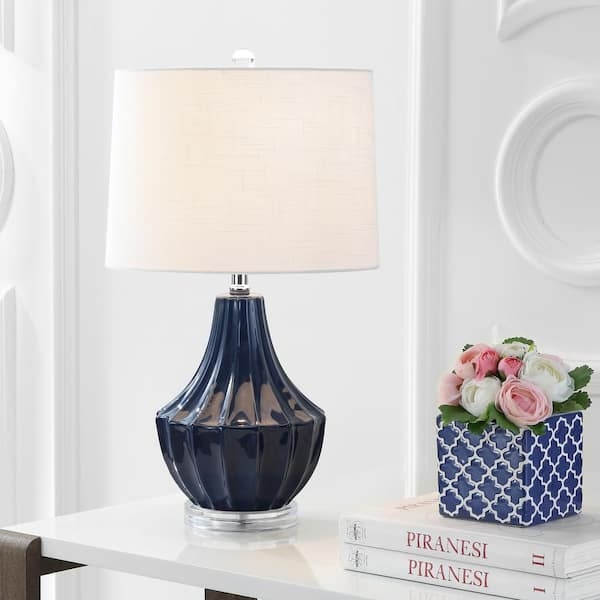 Table Lamp Glossy Ribbed Gourd Ceramic with Acrylic Pedestal