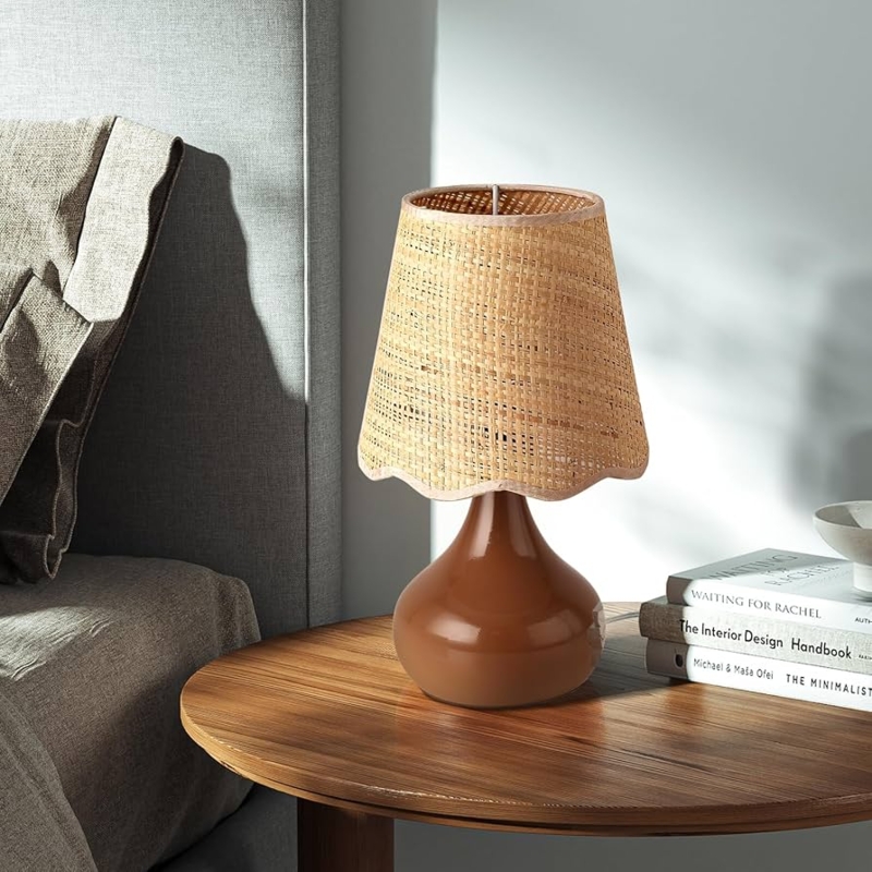 Table Lamp Glossy Teardrop Base with Scalloped Rattan Shade Farmhouse