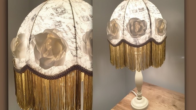 Table Lamp: Gold Fringe, Vintage Script Pattern, Shabby Chic Lighting