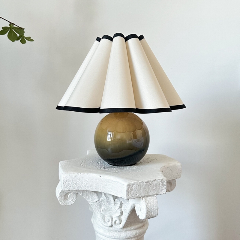 Table Lamp, Gradient Brown Ceramic, Pleated Black Trim Shade, Wabi Sabi