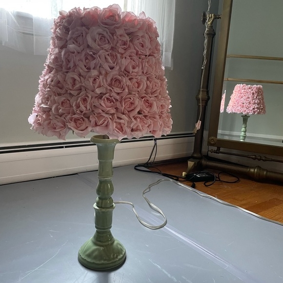 Table Lamp: Green Candlestick Base, 3D Floral Texture, Rose Flower Lamp
