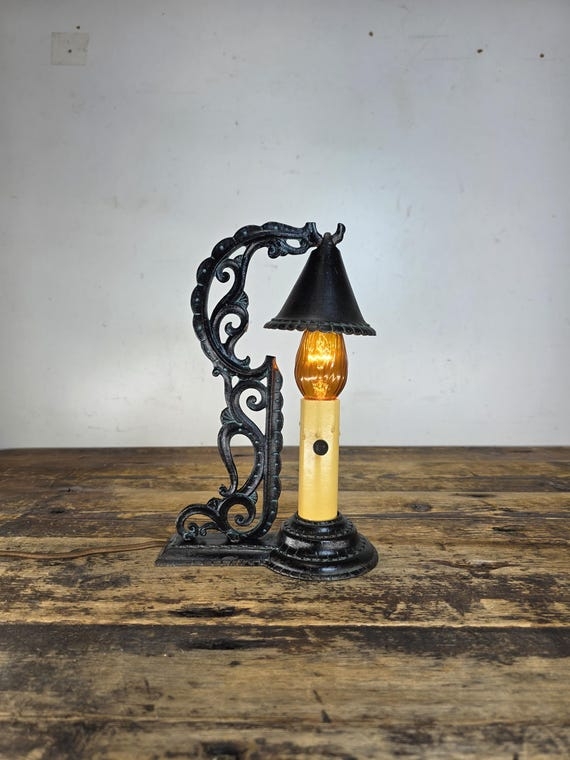 Table Lamp Hammered Smoke Bell Shade Art Nouveau Scrollwork