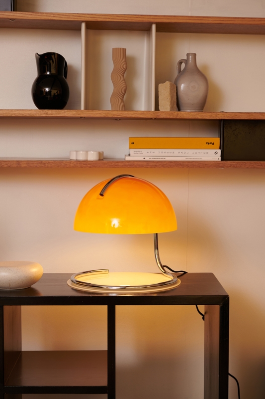 Table Lamp Hemispherical Glass Shade Curved Chrome Tubular Arm