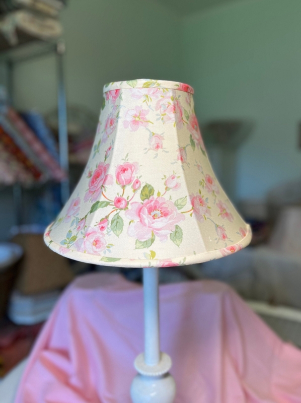 Table Lamp: Hexagonal Panels, Floral Piping, Shabby Chic Rose Shade