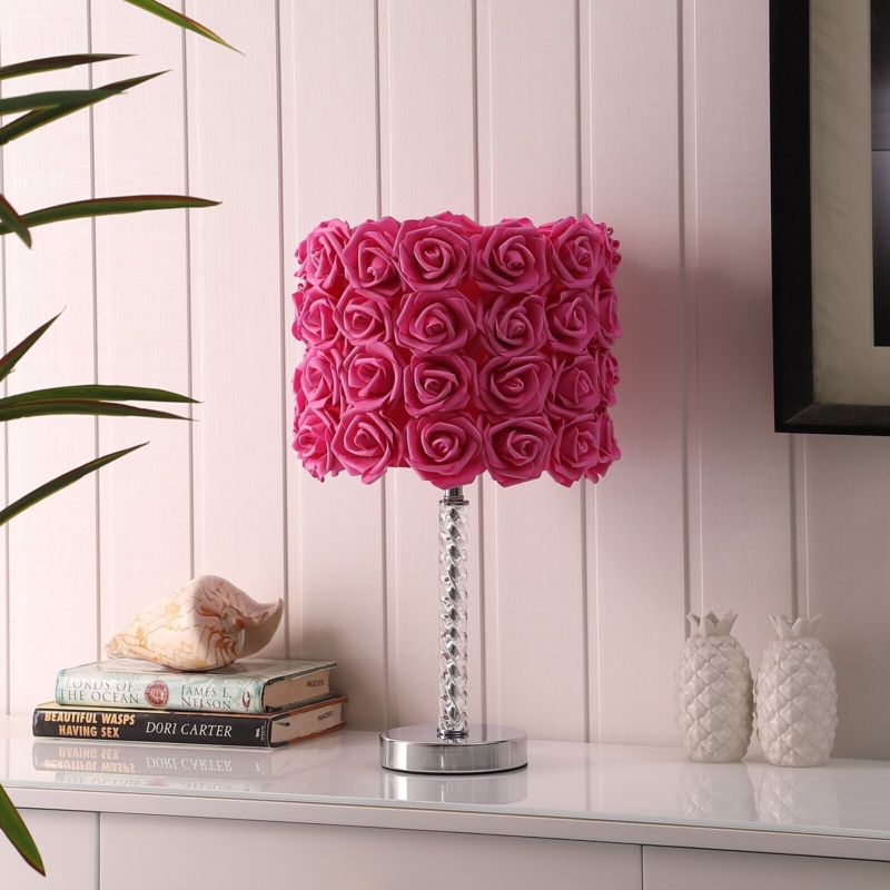 Table Lamp: Hot Pink Rose Petal Shade, Twisted Glass Stem, Floral Light