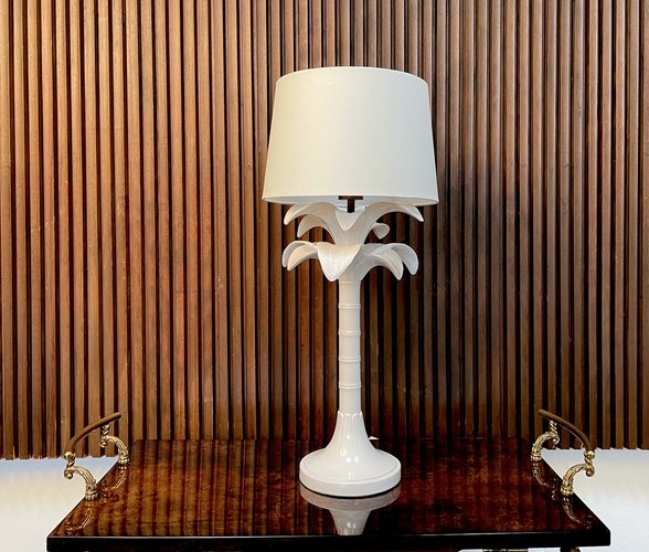 Table Lamp, Italian Ceramic, Glossy White Finish with Bamboo Style Stem.