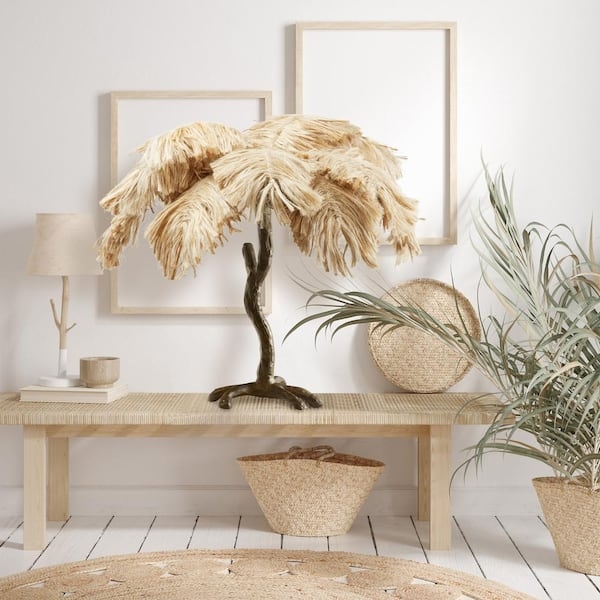 Table Lamp: Jute Fringe Shade, Bronze Palm Tree Base, Tropical Decor