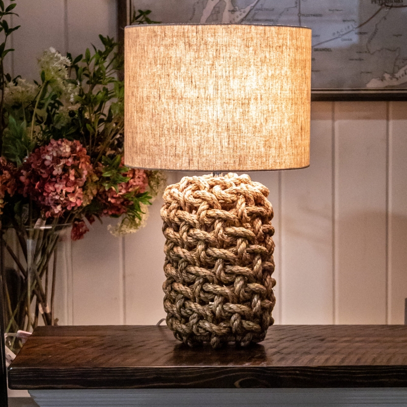 Table Lamp Knotted Base Linen Look Shade Rustic Cottage
