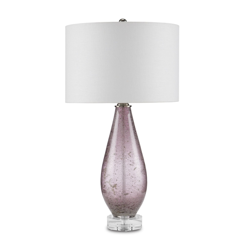 Table Lamp: Lavender Seeded Glass Teardrop on Clear Acrylic Pedestal