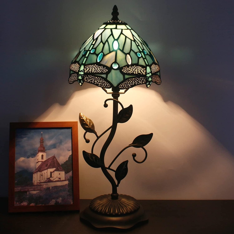 Table Lamp Leaf Stem Sea Blue Stained Glass Dragonfly Motif