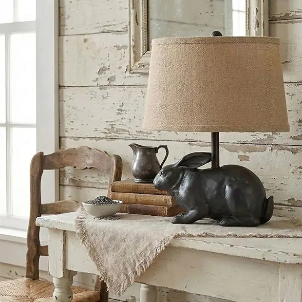 Table Lamp Matte Black Rabbit Burlap Shade Farmhouse Accent