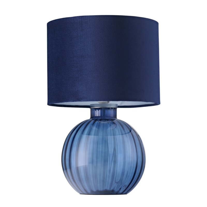 Table Lamp Midnight Blue Ribbed Glass Spherical Base Velvet Shade