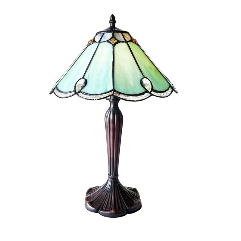 Table Lamp Mint Green Stained Glass Scalloped Shade Jewel Accents