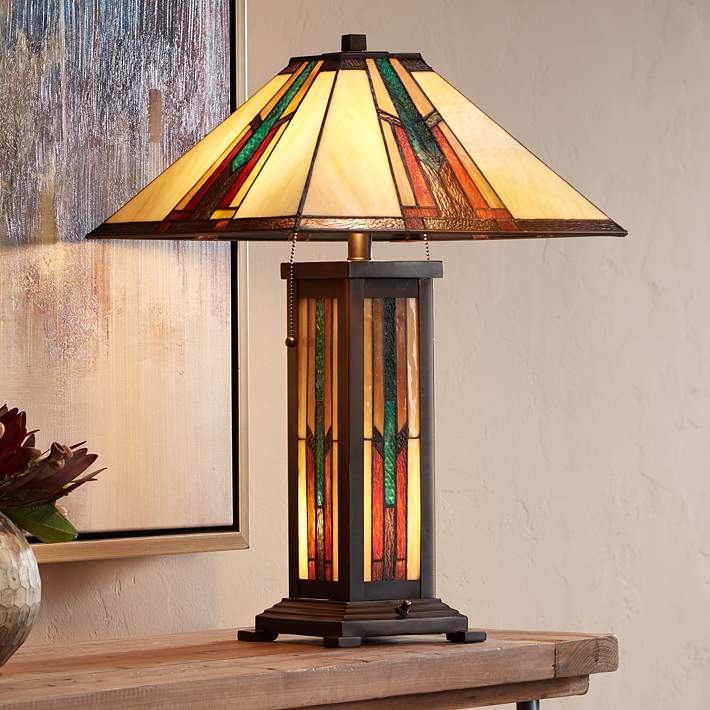Table Lamp Mission Style Geometric Stained Glass Pyramid Shade