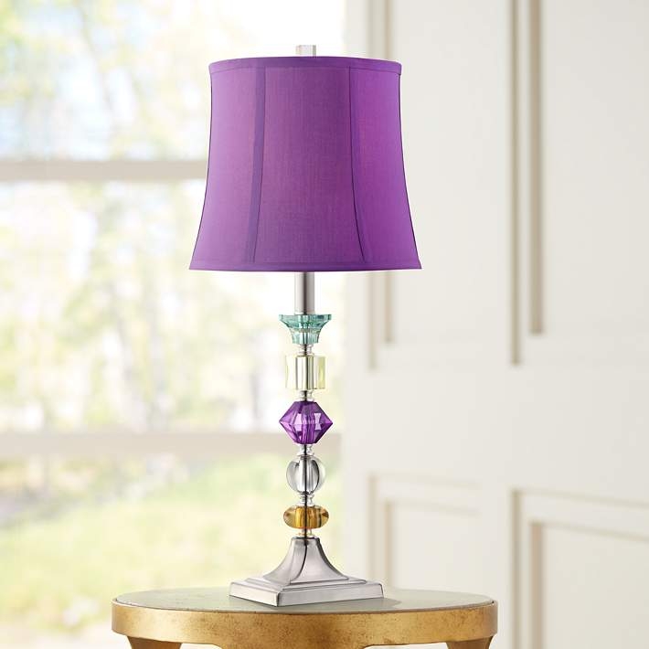 Table Lamp: Modern Faceted Glass Stem with Vibrant Purple Drum Shade