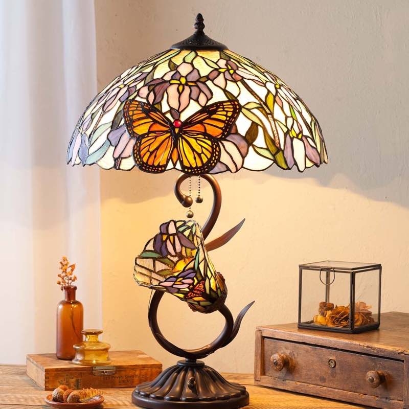 Table Lamp: Monarch Butterfly Centerpiece & Dual Iris Floral Shades