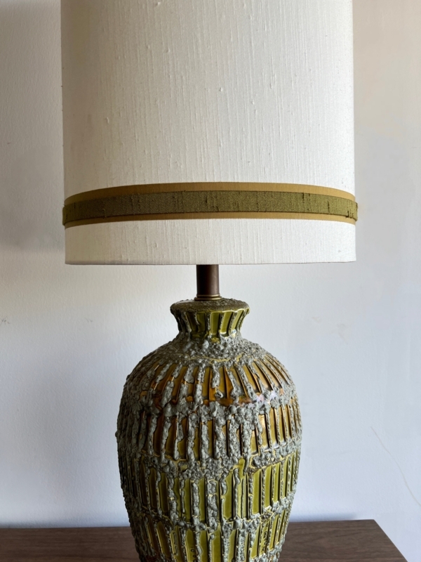 Table Lamp, Moss Green Lava Glaze, Ribbon Trim Shade, Vintage Brutalist