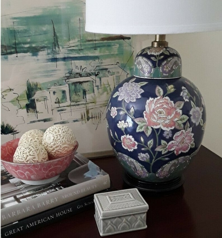 Table Lamp, Navy Porcelain Ginger Jar, Floral Peony Pattern, Chinoiserie