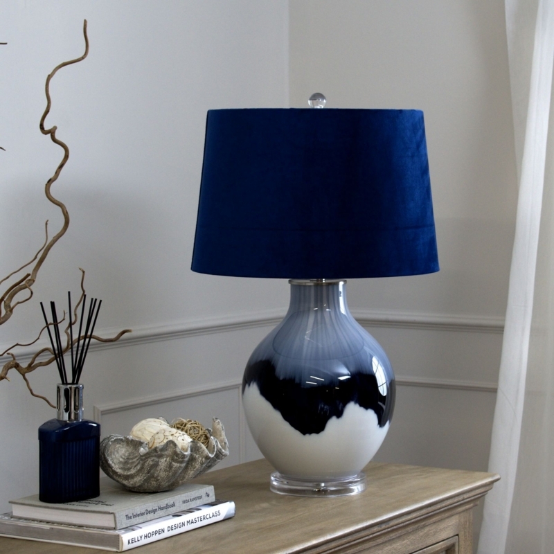 Table Lamp Ombre Glass Base Navy Fabric Shade Clear Finial Plinth