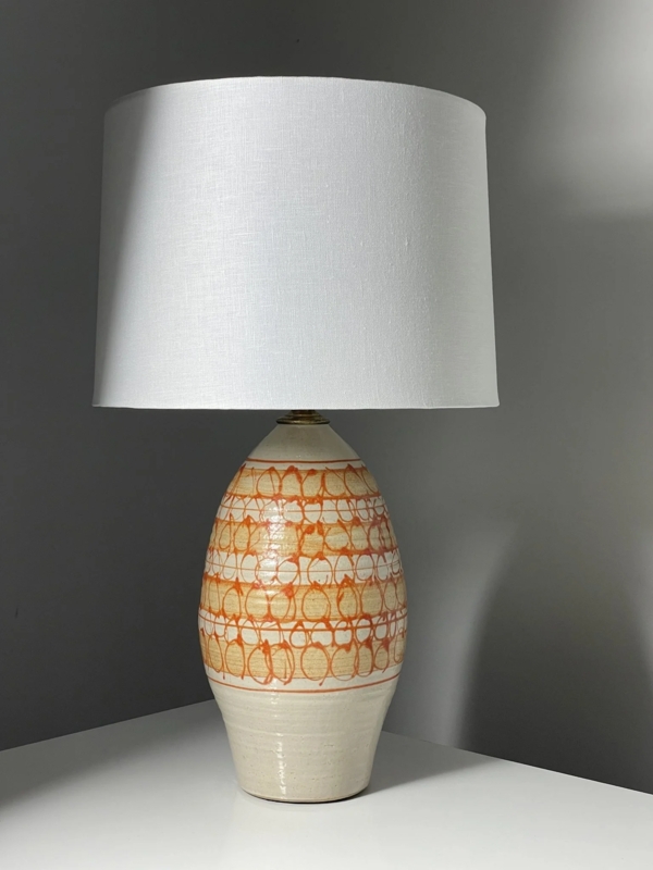 Table Lamp, Ovoid Base, Hand Painted Circular Motifs, Studio Pottery