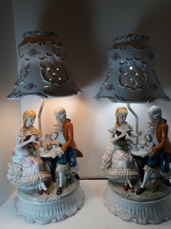 Table Lamp Pair: Capodimonte Porcelain, Reticulated Pierced Shades