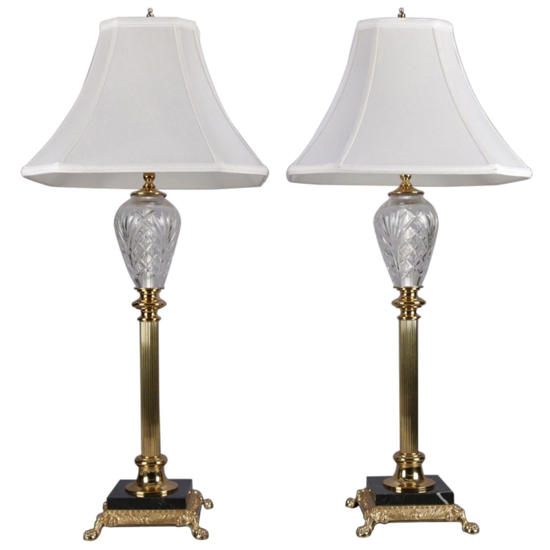 Table Lamp Pair Crystal and Fluted Brass with Hexagonal Bell Shades