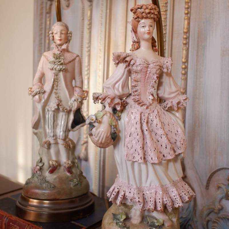 Table Lamp Pair: French Porcelain, Ornate Lace Detailing, Ruffled Trim