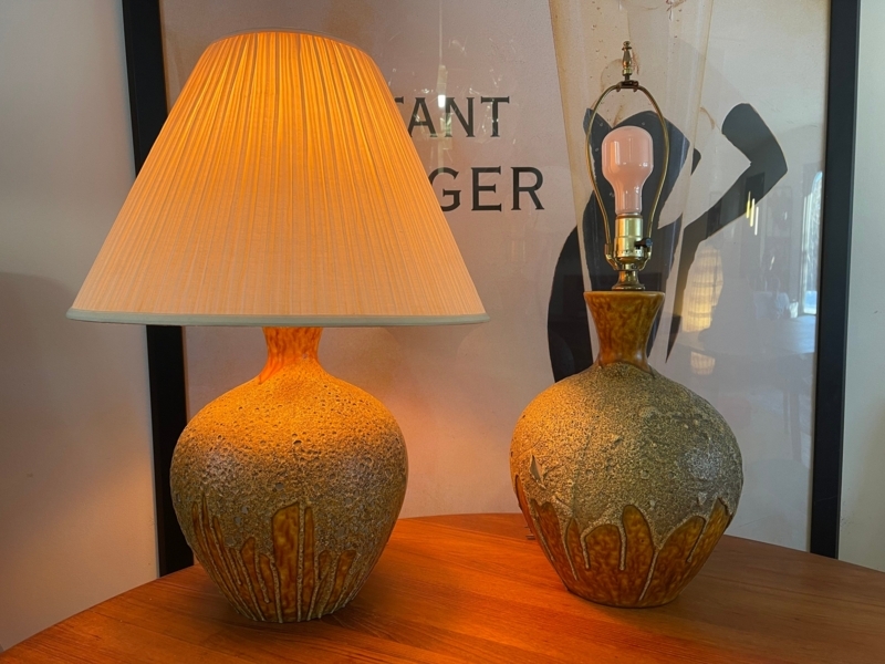 Table Lamp Pair, Lava Drip Glaze, Volcanic Texture, Mid Century