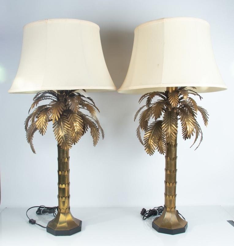 Table Lamp Pair, Layered Fronds, Hexagonal Base, Antique Brass Finish.