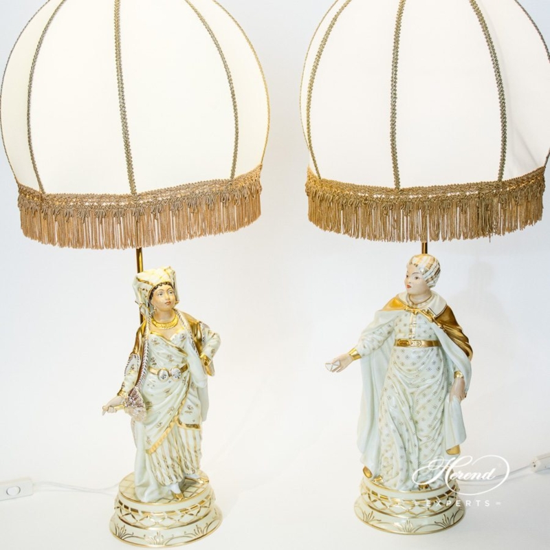 Table Lamp Pair: Orientalist Figurine, Fringed Domed Shades, Gold Tassels
